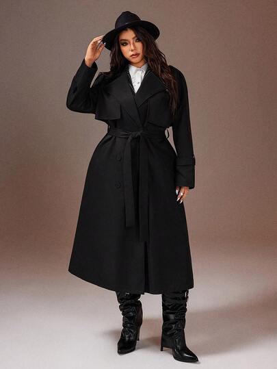 Rustia 大码女式纯色翻领长袖休闲通勤长款风衣