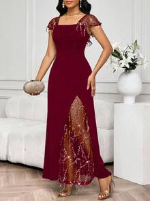 SHEIN Lady 2025 New Party Banquet Contrast Sequin Mesh Lace Trim Fitted Burgundy Dress Birthday&Event Dresses /Office Dresses /Church Dresses/Wedding Dresses /Holiday Dresses /Elegant Dress/ Party Dress/Wedding Guest Dress Women - Burgundy - View 7