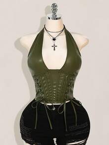 SHEIN ICON Áo hở vai cổ chữ V màu đỏ tía đơn giản, đơn giản, chất liệu da PU cỡ lớn dành cho nữ, màu trơn, đơn giản, thường ngày, có lỗ xỏ khuyên trang trí, áo ba lỗ buộc dây Y2K khi đi chơi - Màu xanh Ô liu - Xem 3