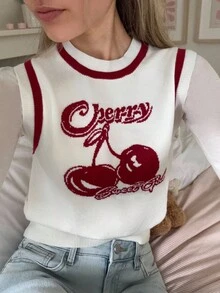 CovetEZ 女款樱桃印花无袖针织上衣 - 紅白色 - 查看 1