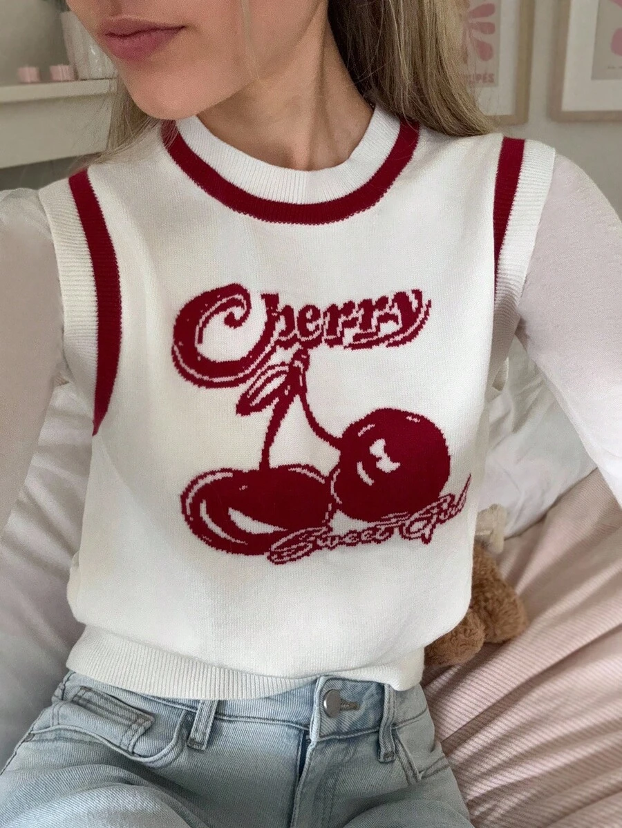 CovetEZ 女款樱桃印花无袖针织上衣 - 紅白色 - 查看 1