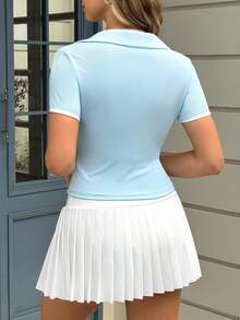 Sovereign Charm 女式健身跑步户外撞色仿门襟设计瑜伽运动修身 Polo 衫 - 淺藍色 - 查看 5