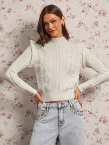 Enchnt Women's Elegant Off-White Ruffle Collar Long Sleeve Pullover Sweater, Autumn Sweaters For Date Night,Fashionable Vacation&Party Clothes - White - View 4