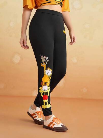 GARFIELD | SHEIN 大码时尚弹力猫咪字母图案紧身裤