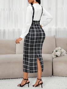 SHEIN Lady 女士时尚百搭后开衩紧身连衣裙（带肩带）适合秋冬季女士秋季服装女士秋季连衣裙冬季连衣裙 - 黑與白 - 查看 2