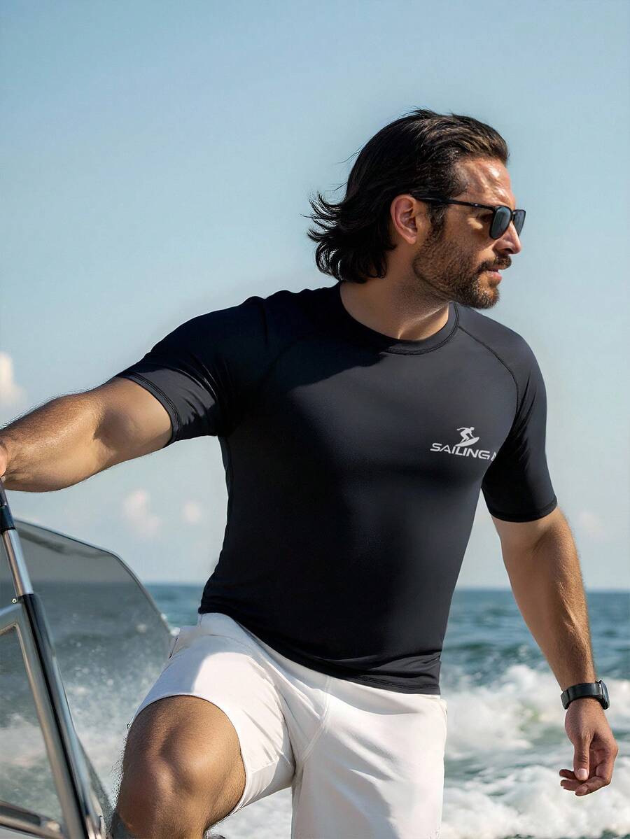 Manfinity Swimmode Men's Raglan Sleeve Round Neck Short Sleeve Casual Slim Fit Rash Guard Rashguard Men Swim Shirt For Men