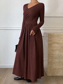 DAZY Vestido casual de mujer de unicolor con cuello en V cruzado, manga larga y plisado - Marrón - Ver 5