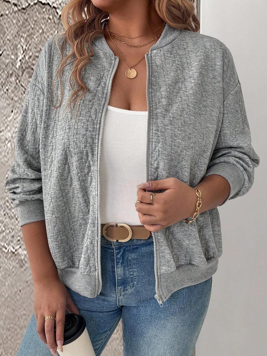 SHEIN LUNE 大码女式纯色针织纹理拉链长袖休闲羽绒服 - 灰色 - 查看 1