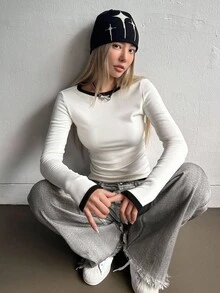 DAZY 女士罗纹圆领长袖修身休闲T恤，带保暖内衬，基础款上衣，修身款上衣，女士长袖上衣，奶油色上衣，女士奶油色上衣，带保暖内衬，冬季 - 白色 - 查看 4