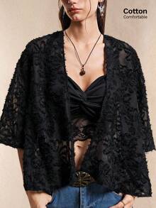 Easelle 优雅通勤黑色镂空女式夹克 - 黑色 - 查看 2