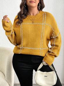 Elenzga Plus Size Women Plaid Round Neck Drop Shoulder Long Sleeve Casual Loose Pullover Sweater, Autumn/Winter - Yellow - View 4