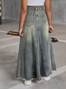 SHEIN Tween Girls Y2k Retro Fashion Vintage Blue Denim Midi-Length Mermaid Skirt Fall Winter,For Girls Dailywear Costume,Girls Streetwear Outfits,Halloween Outfits,Christmas Costume,Winter Clothes,Teen Dress