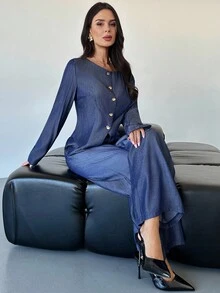 Firerie Conjunto de 2 piezas de camisa de manga larga de cuello redondo y pantalones de estilo casual para mujer, otoño - Azul Marino - Ver 5