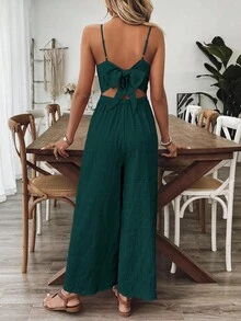 Breezaya Women's V-Neck Backless Bowknot Romper, Rose Red, Spring/Summer Resort - Dark Green - View 2