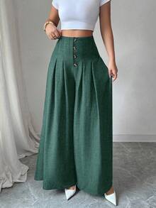 Elenzga Quần ống rộng xếp ly đơn giản màu trơn cao cấp thời trang nữ - Màu xanh lá cây đậm - Xem 6