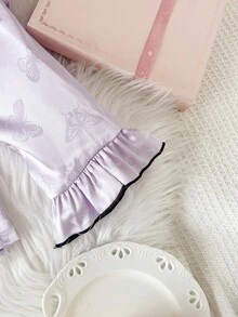 2pcs/Set Teen GirlCute Butterfly Jacquard Long Sleeve Top And Pants Elegant Loungewear Girls Satin Pajamas Purple Pajamas Set Purple Pjs For Girls Fall Winter - Mauve Purple - View 6
