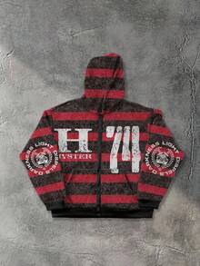 ROMWE MEN Street Life Áo hoodie dài tay kẻ sọc họa tiết chữ mùa thu dành cho nam, có khóa kéo - màu đen - Xem 1