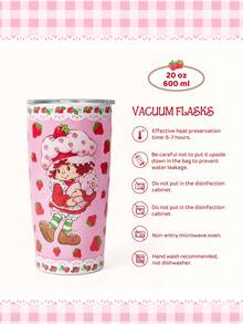 Strawberry Shortcake X SHEIN Cốc giữ nhiệt đáy phẳng bằng thép không gỉ, dung tích 20 oz / 600 ml, in hình nhân vật hoạt hình, kèm nắp, quà tặng cho bạn bè, ý tưởng quà tặng. - Hồng - Xem 3