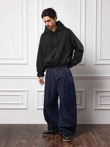 SUMWON Sudadera con capucha minimalista y casual de ajuste boxy para uso diario, con cordón y bolsillo central, prenda básica esencial de streetwear para otoño e invierno - Negro - View 4