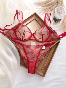 SHEIN 2 件套女士黑色透明刺绣文胸套装，无钢圈无衬垫内衣套装 - 酒紅色 - 查看 3