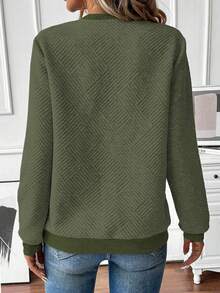 EMERY ROSE Women's Autumn Sweatshirt, Notch Neck, Long Sleeve, Raglan Sleeve, Ribbed Splice, Zipper Decor, Textured Fabric - Green - View 2