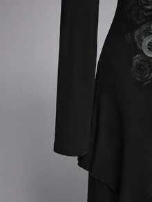 ROMWE Gothic Style Off Shoulder Strap Asymmetric Hem Contrast Lace Long Sleeve Off-Shoulder Women T-Shirt - Black - View 5