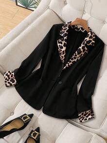 Regalyn Blazer plus size minimalista de manga comprida, preto, com estampa de leopardo, patchwork, cor sólida