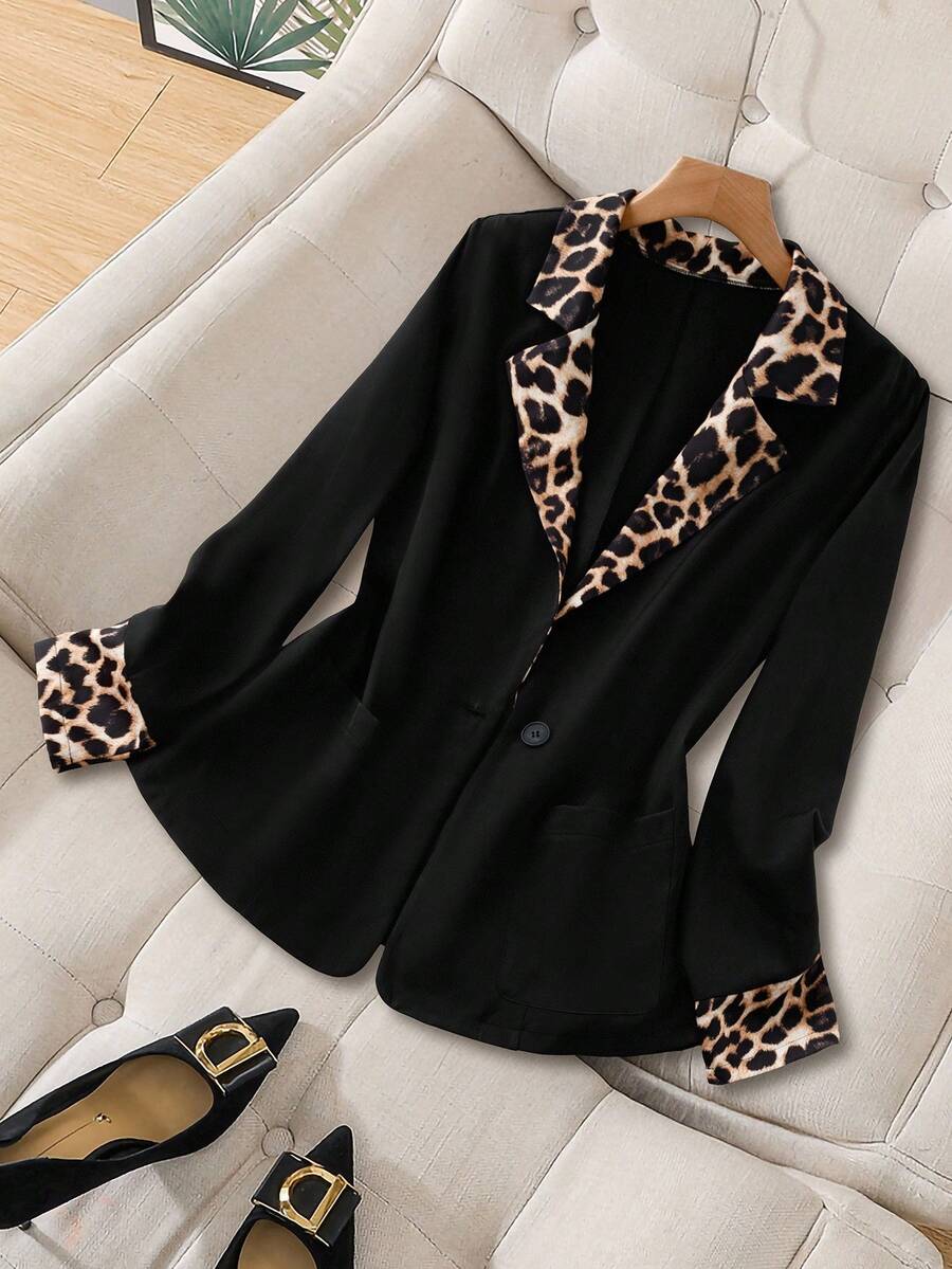 Regalyn Blazer plus size minimalista de manga comprida, preto, com estampa de leopardo, patchwork, cor sólida