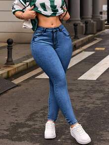 SHEIN PETITE Quần Jeans Skinny Lưng Thấp Thường Ngày Giặt Sạch Cho Nữ - Rửa trung bình - Xem 6