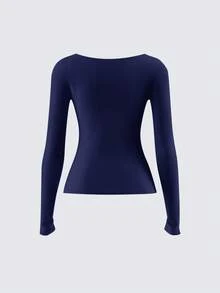 SHEIN BASICS Women's Casual Solid Color Knitted Fitted Long Sleeve Crew Neck Regular T-Shirt Playera Manga Larga Damawhite Top Long Sleevebasic Long Sleeve Tops - Navy Blue - View 4