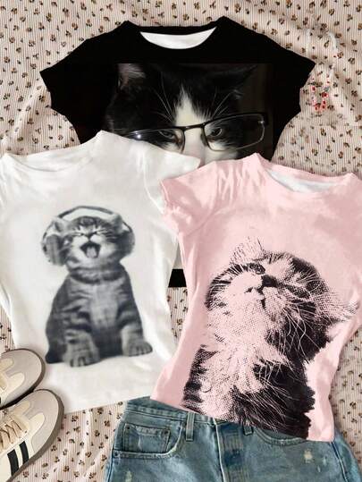 SHEIN 3 件套青少年女童修身休闲简约舒适圆领长袖 T 恤，印有可爱猫咪图案，颜色有白色、黑色、奶油粉色，适合分层穿着，秋冬装，外出，舒适轻松，时尚童装，休闲装，儿童图案 T 恤，返校，秋装，返校节，别致秋季，秋季新款