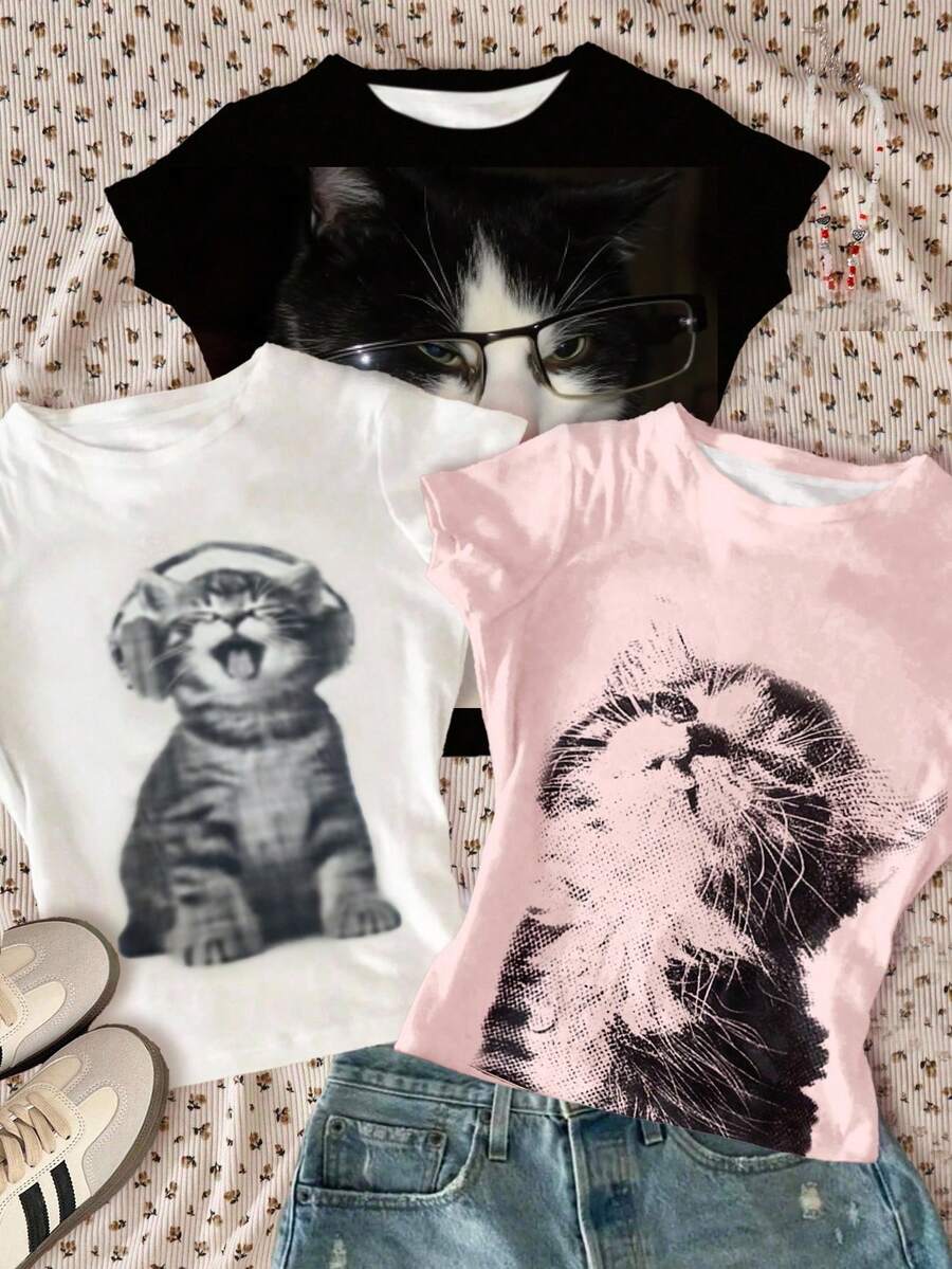 SHEIN Bolty 3pcs/Set Tween Girls' Fitted Casual Minimalist Comfortable Round Neck Long Sleeve T-Shirts With Cute Cat Graphic Print In White, Black, Cream Pink, Suitable For Layering, Autumn/Winter Outfits, Outing, Easy Comfort, Stylish Kids, Casual Wear, Kids Graphic Tees, Back To School, Fall Clothes, Homecoming, Chic Autumn, Fall New Style Cute Graphic Tees Cat Graphic Tees Cat Shirt Girls Cute T Shirts Kids Cat Graphic Tee - Multicolor - View 1