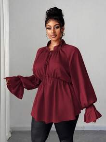 Maweii Plus Size Women's Solid Red Satin Mandarin Collar Tie-Waist Long Sleeve Ruffle Cuff A-Line Blouse, Elegant Lady For New Year, Versatile, Chic Urban Casual, Party, Banquet, Date, Cross-Year Party, New Year Party - Burgundy - View 3