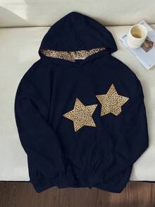 Elamini Women's Casual Leopard Print Sweatshirt With Star Pattern - Navy Blue - View 3