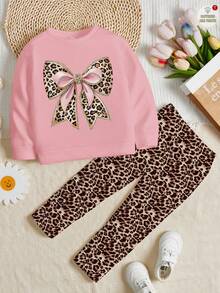 SHEIN Bộ 2 quần nỉ dài tay cổ tròn in họa tiết da báo dễ thương cổ điển dành cho bé gái, phù hợp cho mùa thu/đông - Nhiều màu - Xem 2
