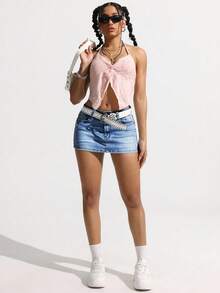 SHEIN ICON Women's Summer Street Fashion Washed Asymmetric Pocket Mini Denim Skirt - Medium Wash - View 3