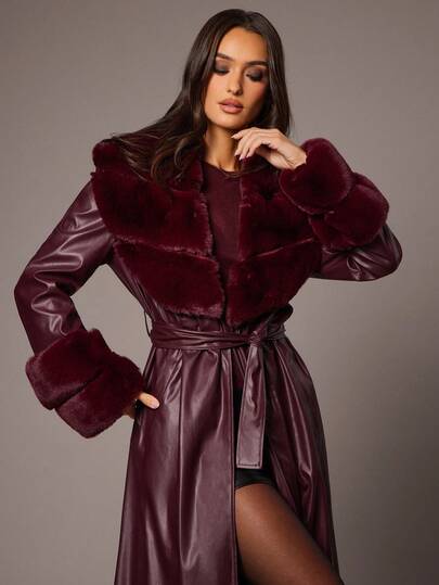 Silquee 女式休闲拼布仿毛领夹克，秋季