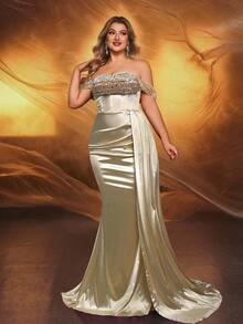 Glamrae Váy đuôi cá xếp ly xẻ tà bên hông bằng vải satin co giãn, sang trọng, tay lỡ màu đỏ tía, thanh lịch cỡ lớn, thích hợp cho đám cưới, tiệc tùng, ngày lễ, dạ tiệc, trang trọng buổi tối - Rượu sâm banh - Xem 4