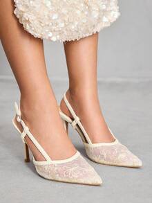 CUCCOO SZL Bailarinas puntiagudas elegantes y sexys de color beige con bloqueo de color, encaje y parches, con espalda descubierta - Beis - Ver 9