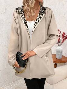 SHEIN Clasi Plus Size Casual Reversible Zip-Up Hooded Jacket, Suitable For Everyday Wear In Autumn/Winter - Khaki - View 6