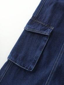 GlowEve 女士休闲时尚街头风格翻盖牛仔夹克单排扣连帽牛仔裤套装，春秋 - 深色水洗藍 - 查看 4