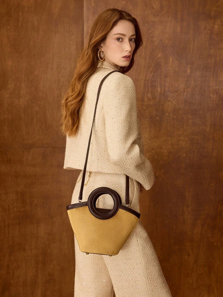 CONTRAST BINDING DOUBLE HANDLE SHOULDER BAG