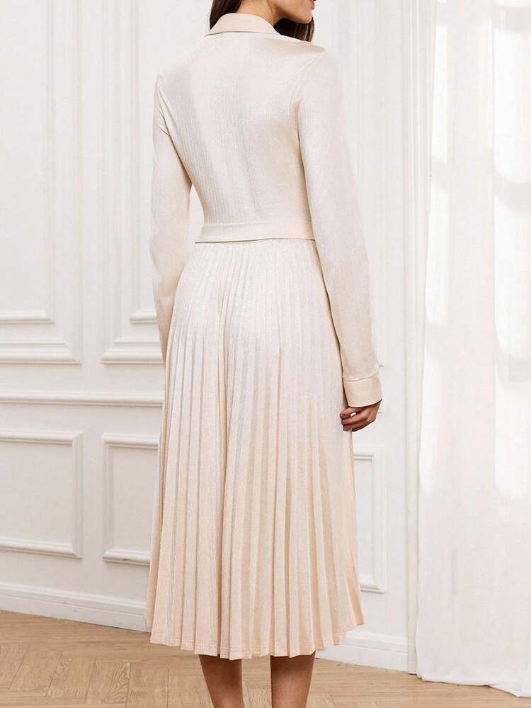 Miaspire Elegant Women's Dress, Autumn/Winter Elegant Dress For Going Out, Parties And Events, Wrap-Around Blazer Collar Design, Pleated Skirt, Shiny Striped Fabric, Champagne Color, Striped Textured Fabric With Waist Tie, Elegant Mid-Length Dress,Party Dress,Prom Dress,Chic Women's Dress,Gold Dress, Fall Clothes For Women,Wedding Guest Dress, Zip-Up Dress