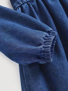 SHEIN Young Girl' Blue Denim Mandarin Collar Puff Sleeve Dress