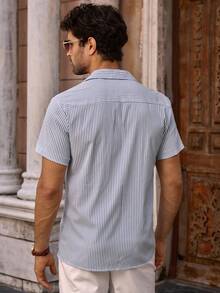 Mainfolk Men's Striped Pocket Decor Fitted Regular Shoulder Short Sleeve Casual Shirt - Blue and White - View 4