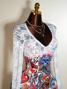 Mistrie 女士时尚性感蕾丝拼布骷髅印花紧身迷你连衣裙 - 彩色 - 查看 6