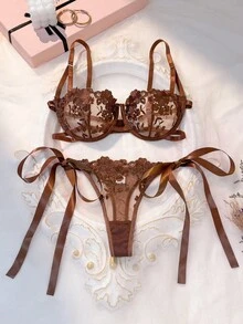 2pcs Sky Blue Embroidered Lace-Up Women's Lingerie Set Lace Lingerie Set Tie Side Panty Brown Lingerie Brown Lace Bra Sheer Lingerie Set Lace Bra Set Garter Belt Lingerie Set Bras For Women 3 Piece Lingerie Set - Coffee Brown - View 3