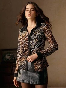 Anewsta Women's Elegant Digital Print Collar Long Sleeve Blouse