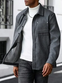 Manfinity CasualCool Abrigo de lana casual con botones delanteros y bolsillo, de unicolor y manga caída, versátil, para otoño/invierno - Gris - Ver 6