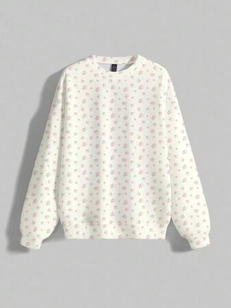 Kawaii Sweat-shirt-shirt à col rond à manches longues avec imprimé floral tout-sur-tout, mignon et innocent, convenant à l'automne/l'hiver/le printemps pour femmes